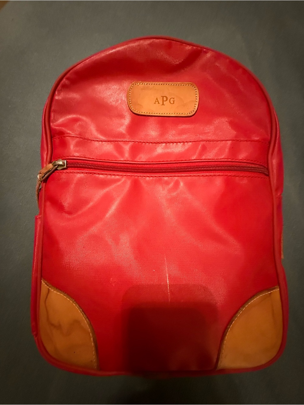 USED JON HART Red Nylon Backpack with Tan Leather Trim
